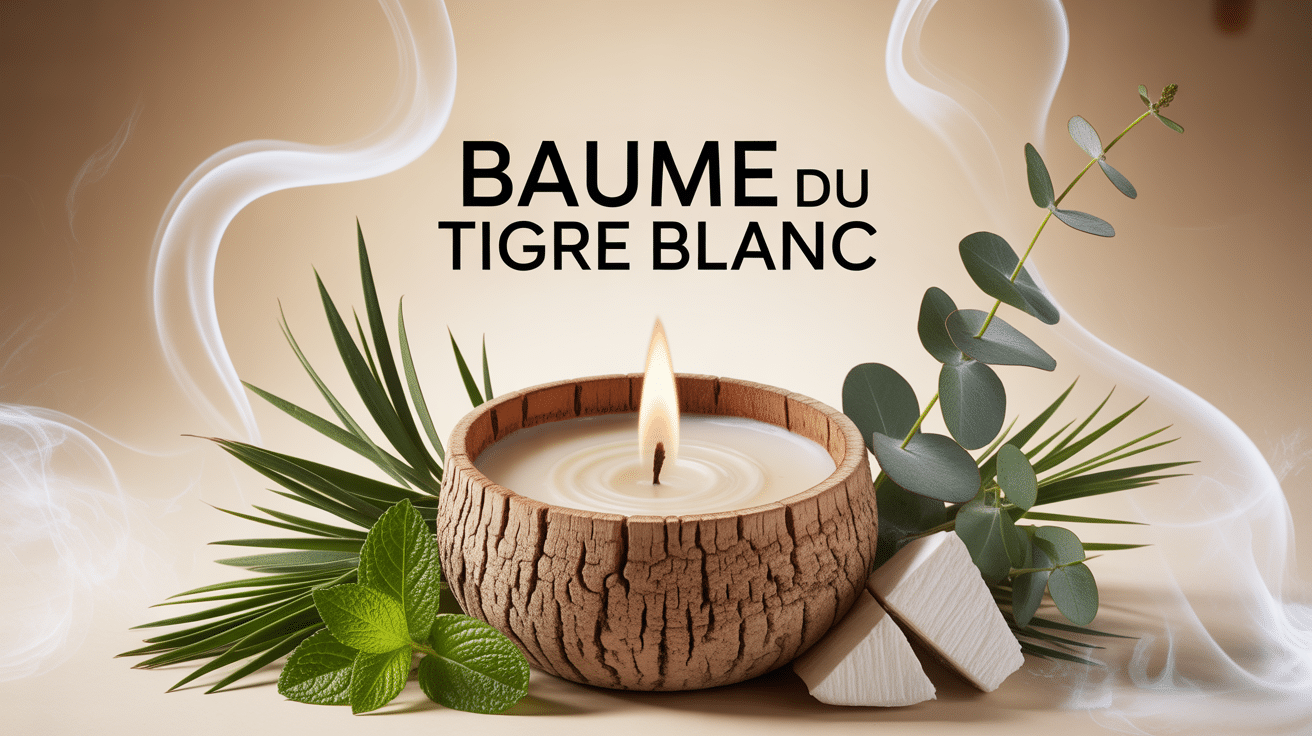 Pot de baume du tigre blanc entouré d'eucalyptus et menthe