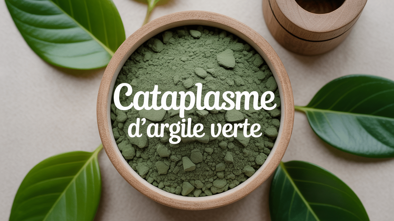 Bol en bois avec cataplasme d'argile verte et feuilles
