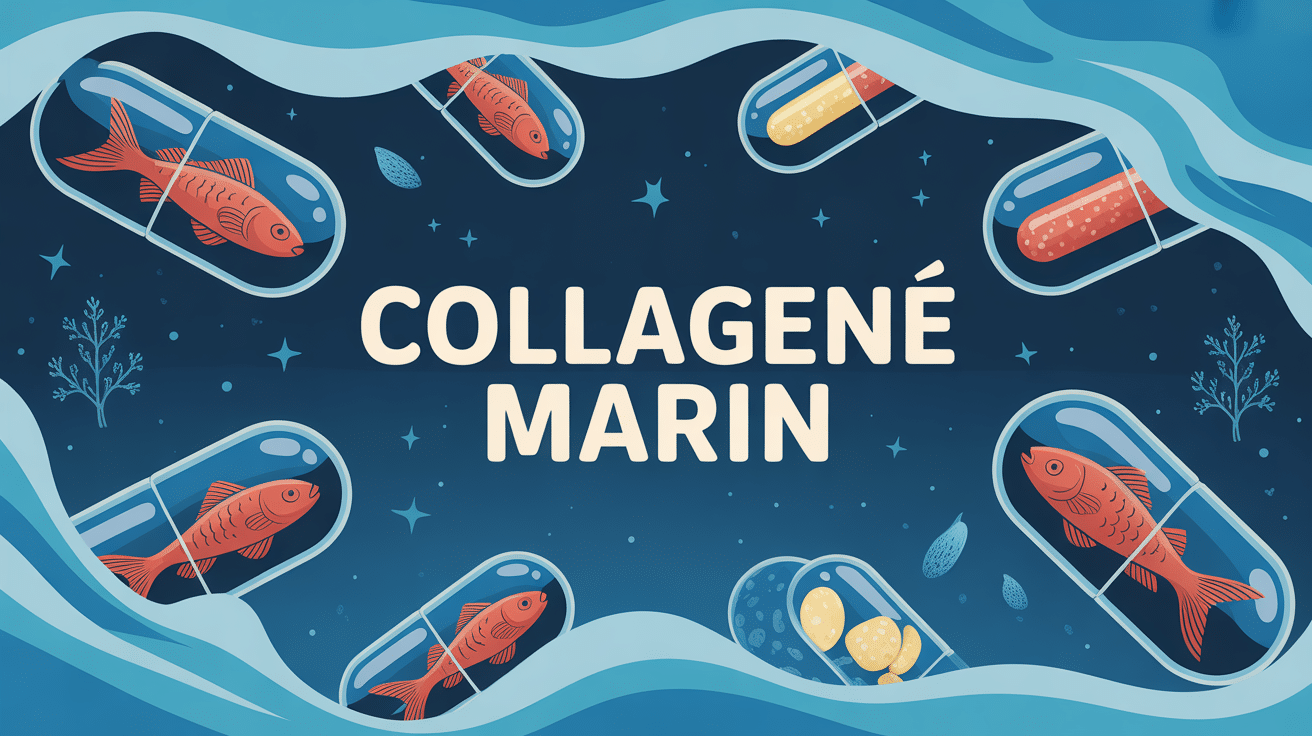 Illustration de capsules de collagène marin stylisées avec poissons sur fond océan