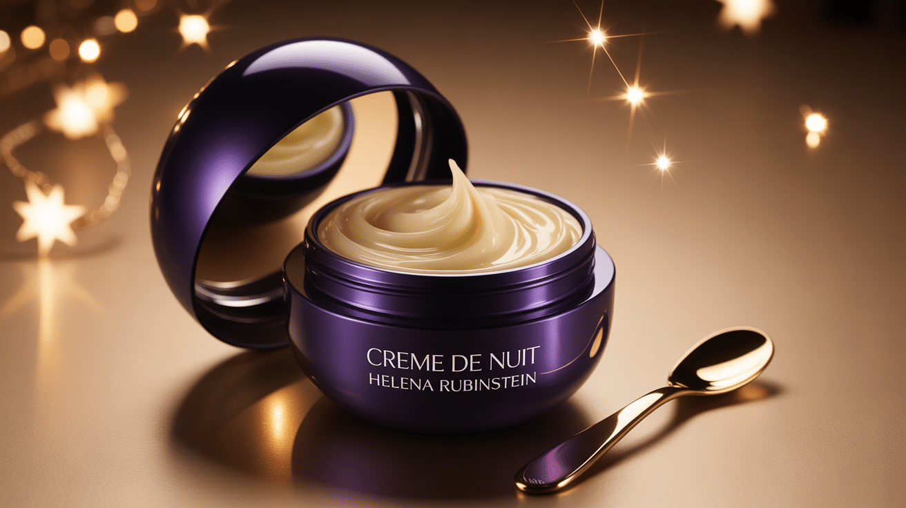 Pot de crème de nuit Helena Rubinstein ouvert avec spatule dorée à côté
