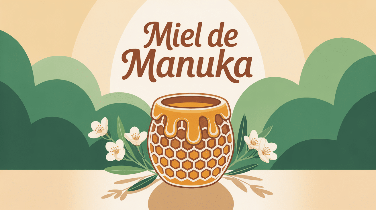 Pot de miel de manuka doré entouré de fleurs