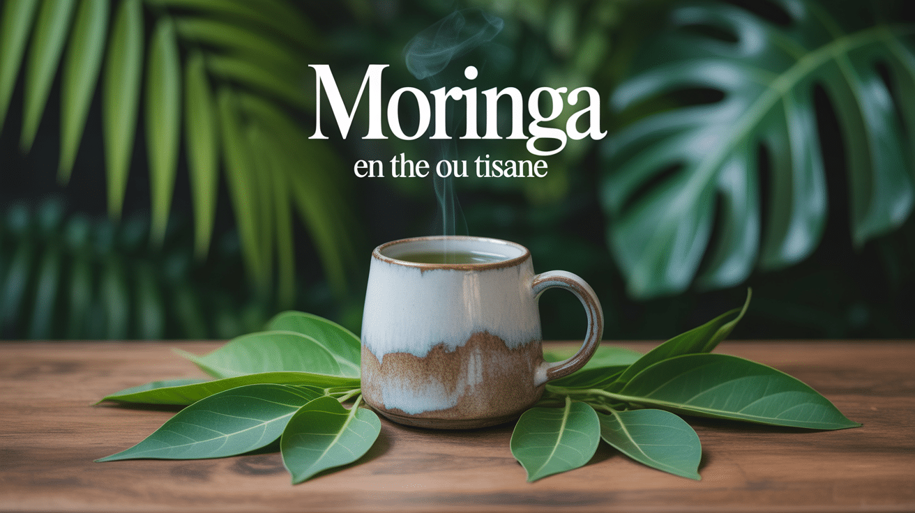 Tasse fumante de thé de moringa et feuilles séchées