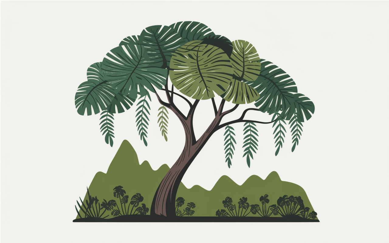 Illustration stylisée arbre moringa avec feuilles et gousses