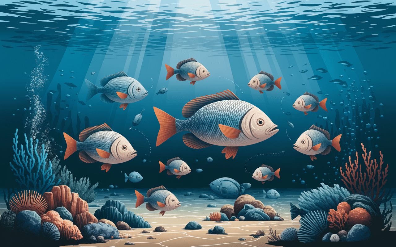 Scène sous-marine stylisée avec poissons et collagène marin