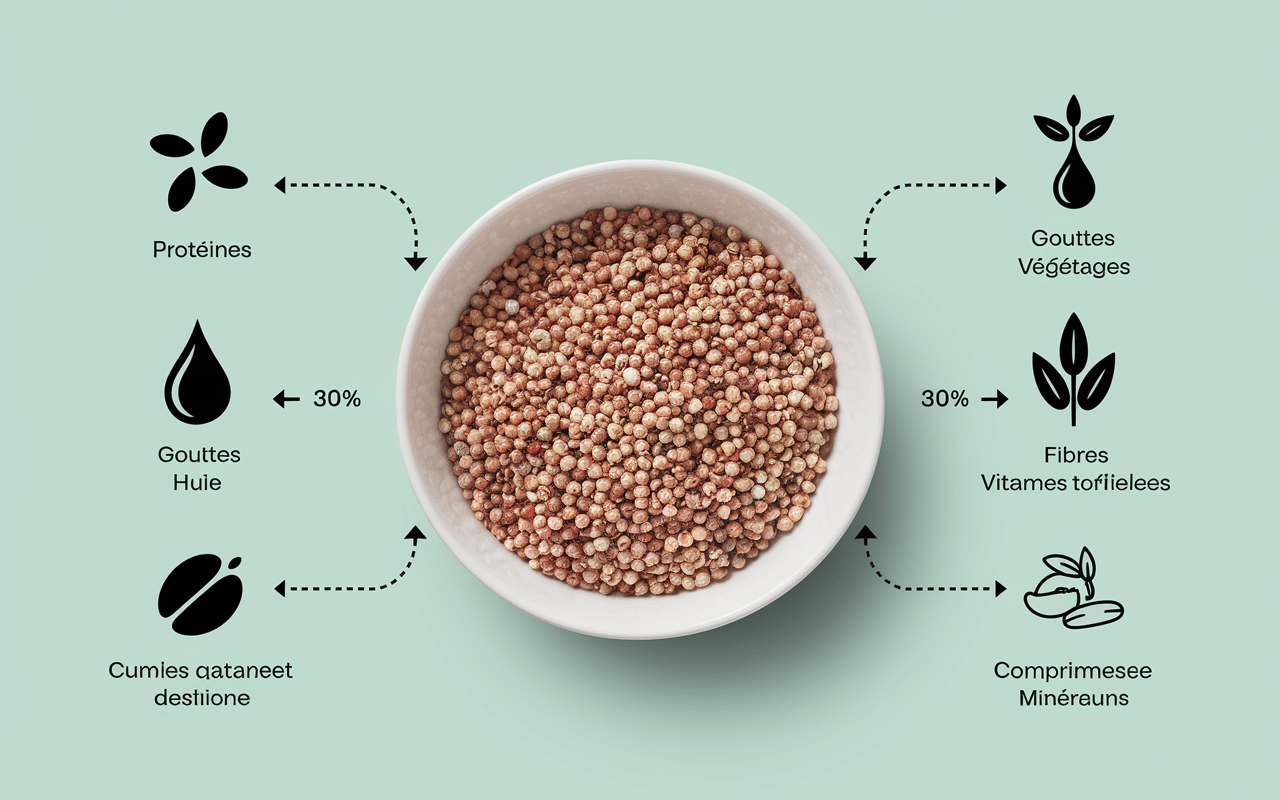 Infographie de 30g de graines avec icônes nutritionnelles