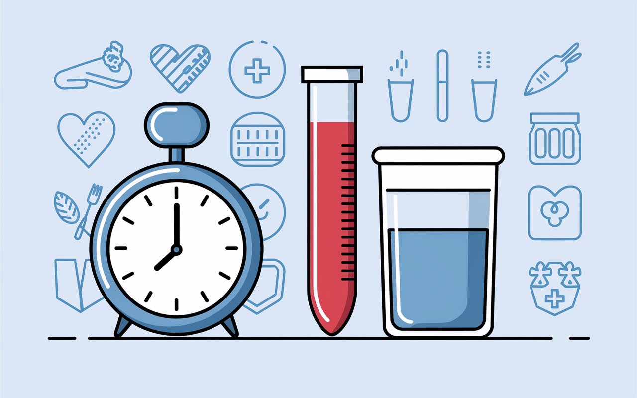 Illustration horloge 12h, tube essai, eau, aliments barrés