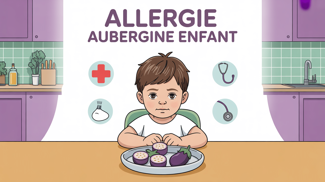 Enfant et aubergine à table, thème allergie