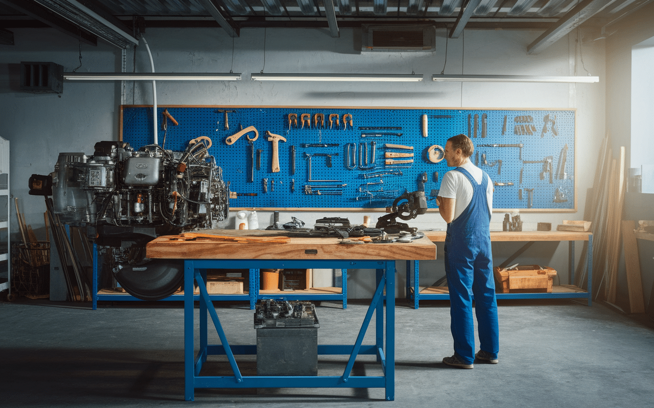 Atelier nautique avec moteur hors-bord et mécanicien