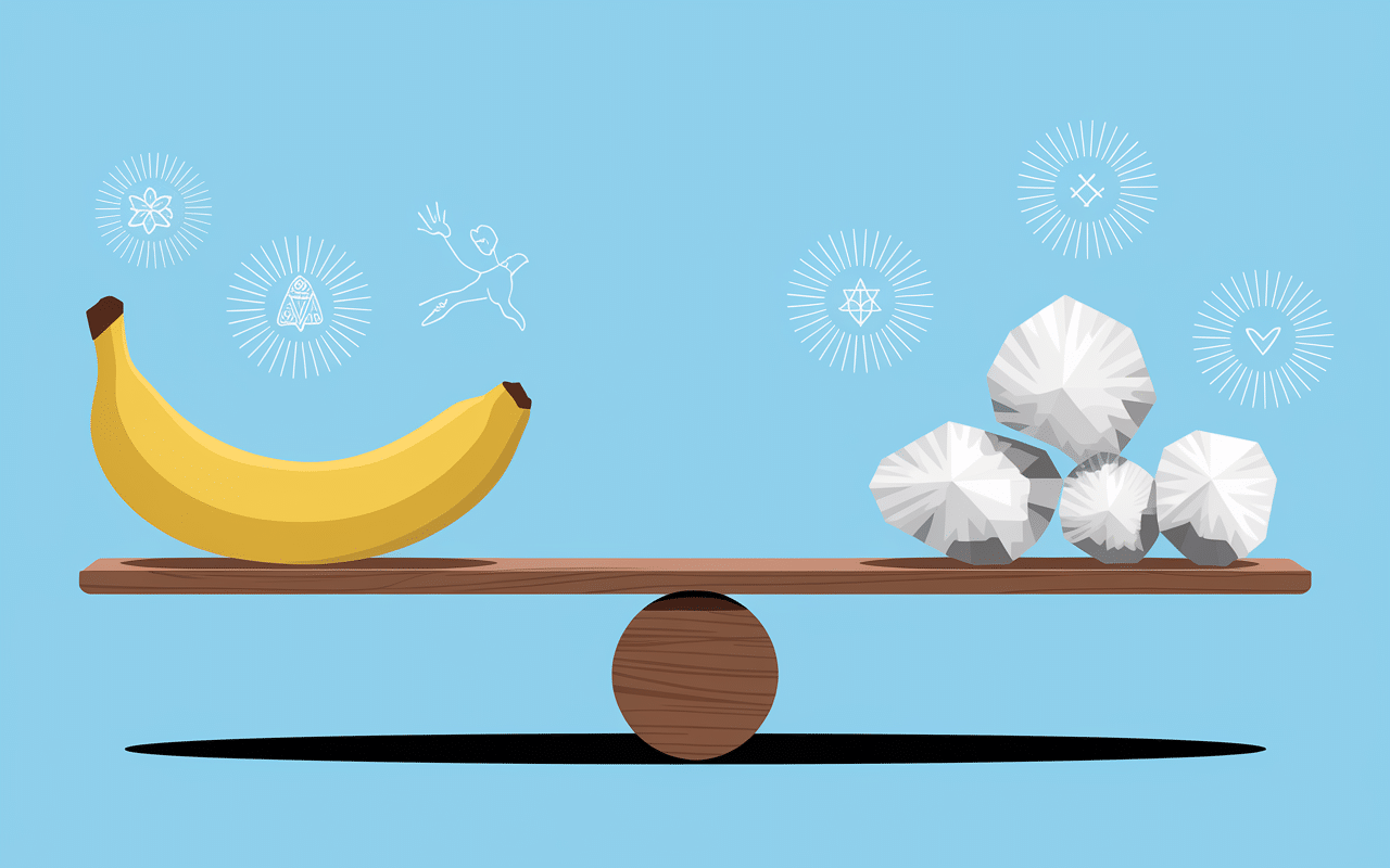 Balance illustrée avec banane et cristaux blancs