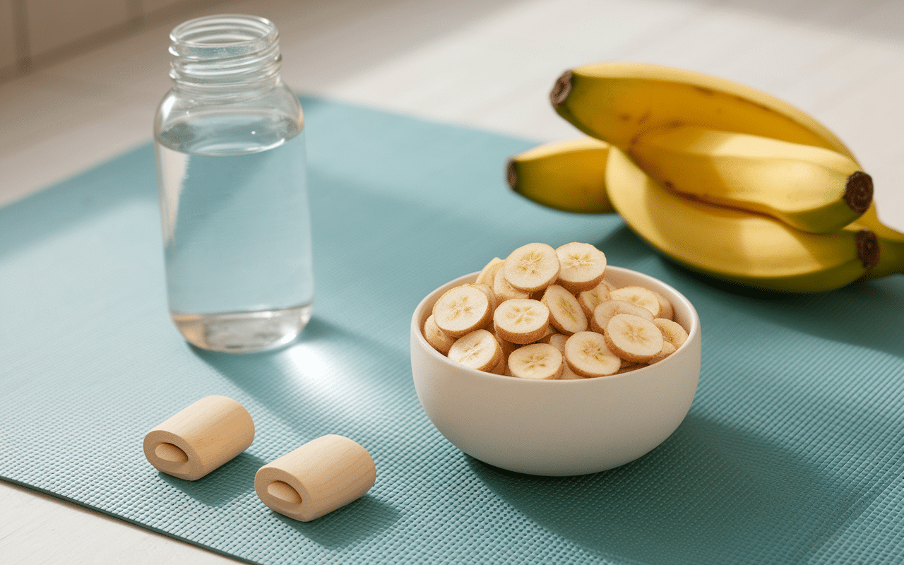 portion contrôlée de bananes séchées avec haltères