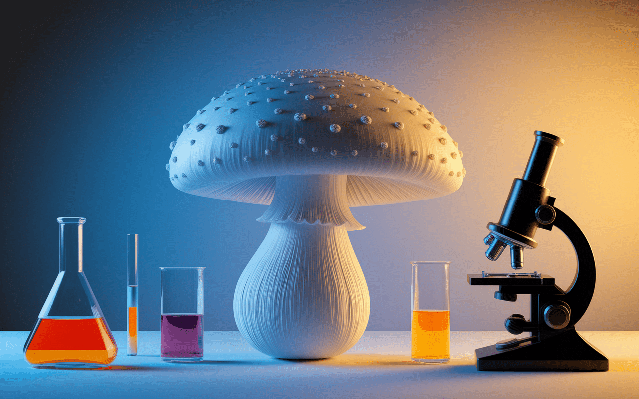 Champignon stylisé avec symboles de laboratoire