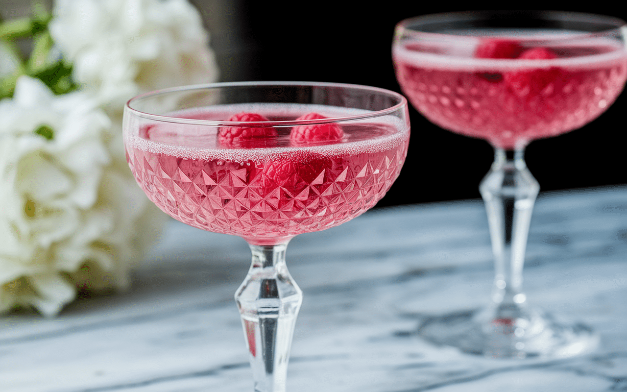 Cocktail pétillant rose avec framboises fraîches