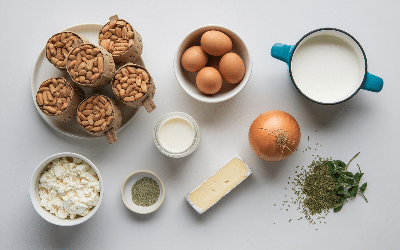 Ingrédients pour quiche sans pâte au thon légère sur plan de travail