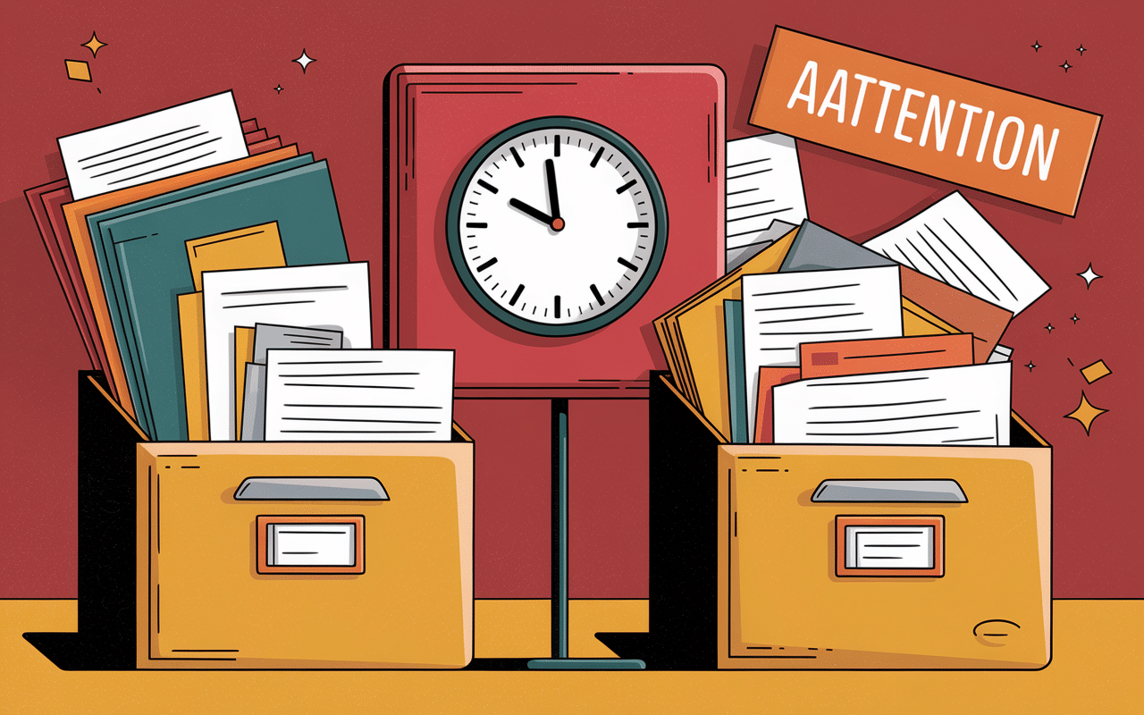 Illustration erreurs avec dossiers incomplets et horloge