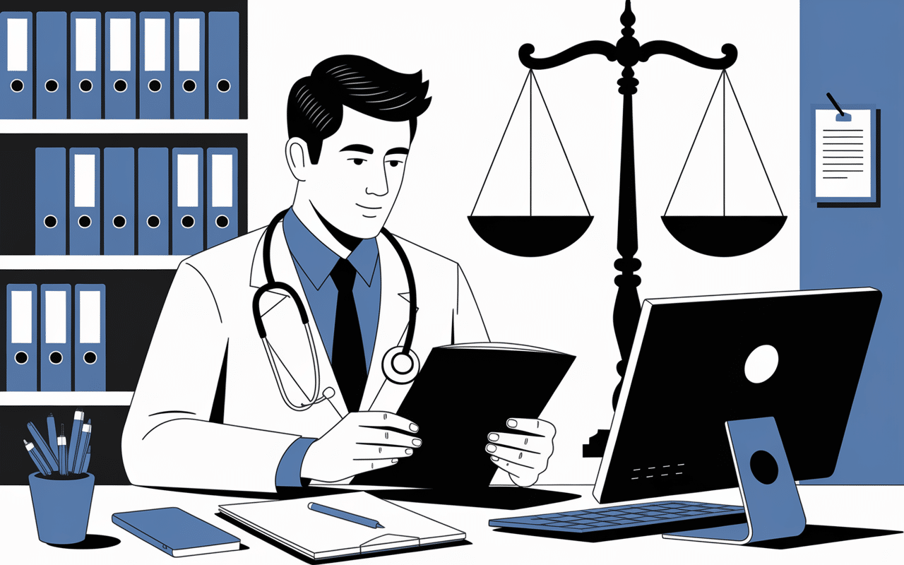 Illustration médecin conseil examinant documents