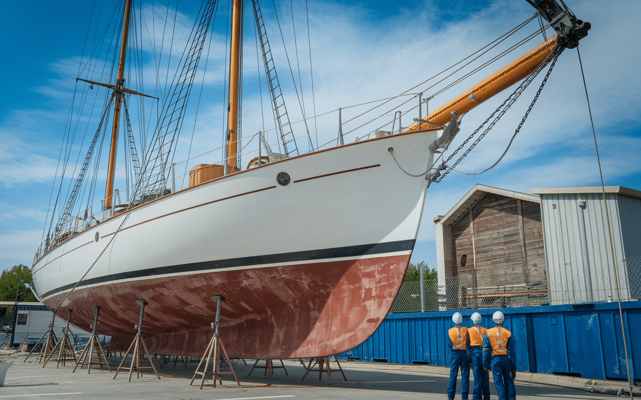 Bateau en maintenance avec techniciens sur coque