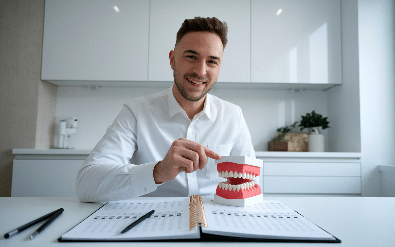 Dentiste expliquant la numérotation des dents sur modèle
