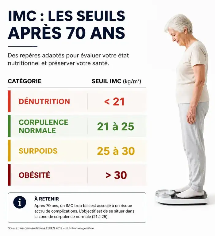 Tableau des seuils de l'IMC pour personne âgée et risques de dénutrition