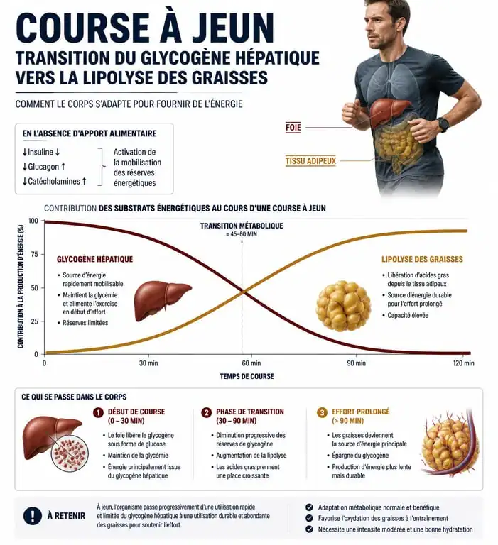 Infographie sur les mécanismes métaboliques et les bénéfices de courir le matin à jeun