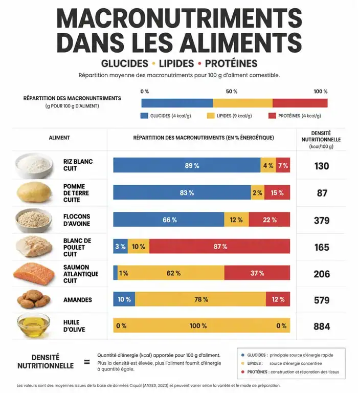 Infographie comparative des macronutriments : glucides, lipides et protéines dans les aliments courants