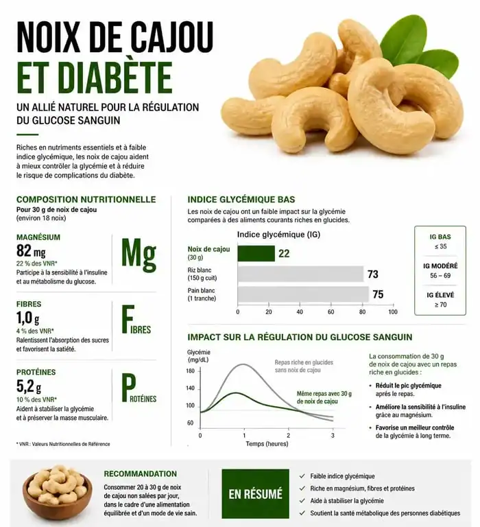 Infographie des bienfaits nutritionnels des noix de cajou et diabète