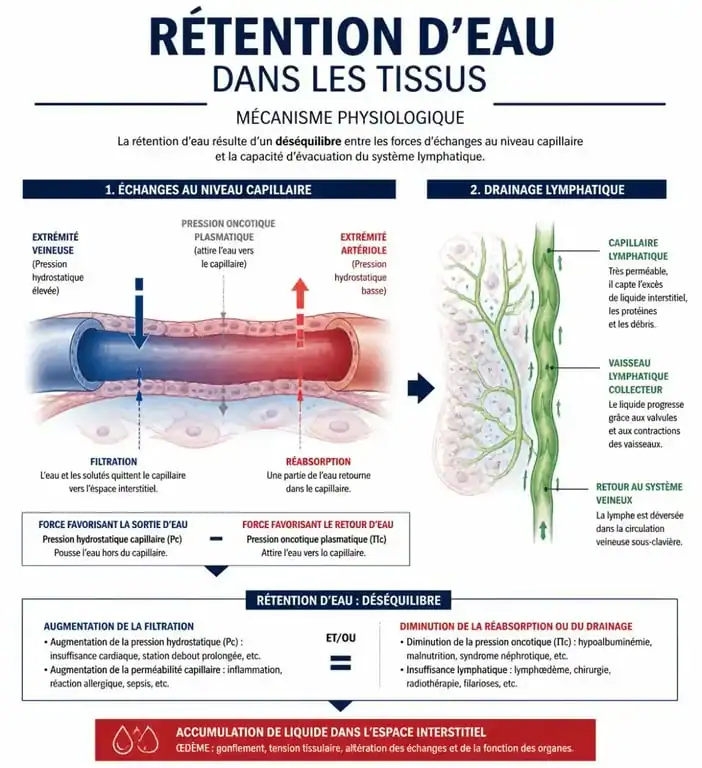 Infographie expliquant le mécanisme de la rétention d'eau et les causes de l'œdème