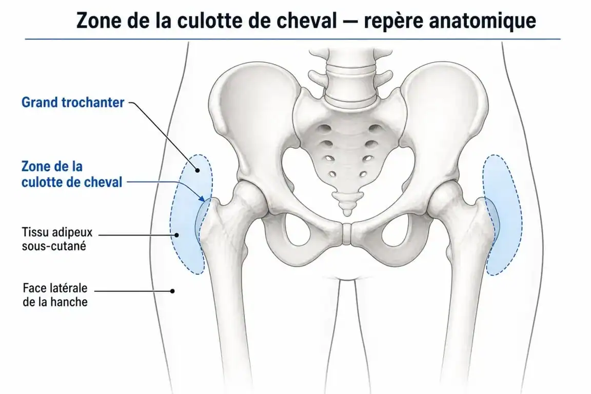 Schéma anatomique illustrant la zone de la culotte de cheval traitée par liposuccion