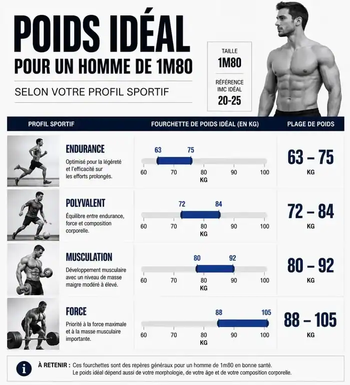 Infographie des fourchettes de poids idéal pour un homme de 1m80 sportif selon la discipline