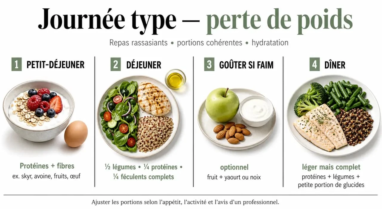 Plan alimentaire pour perte de poids : journée type avec petit-déjeuner, déjeuner, goûter et dîner rassasiants