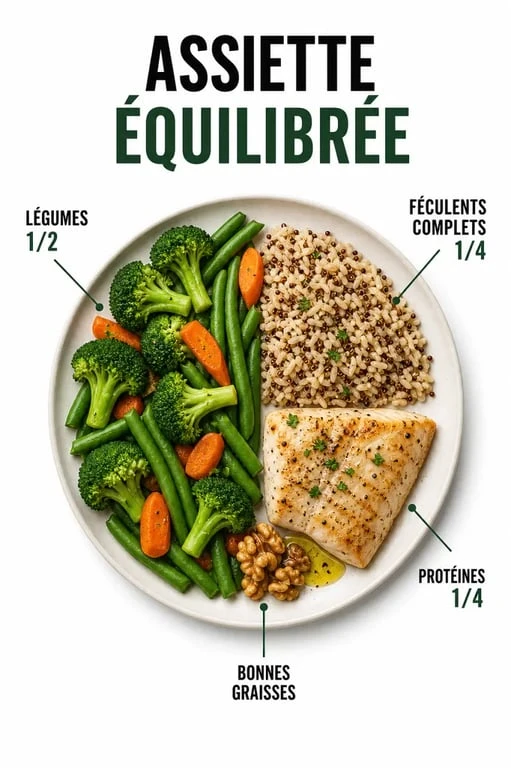 Plan alimentaire pour perte de poids : assiette équilibrée avec protéines, légumes, féculents complets et bonnes graisses