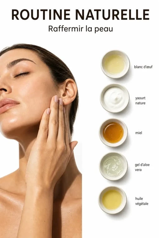 Remede de grand-mere pour raffermir la peau : massage du visage et ingrédients naturels en composition éditoriale