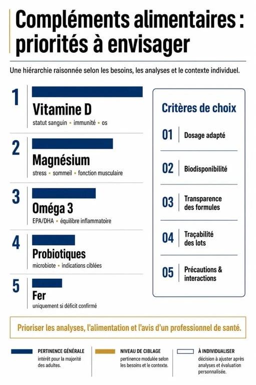 Les meilleurs complements alimentaires : infographie comparative des compléments prioritaires et des critères de choix