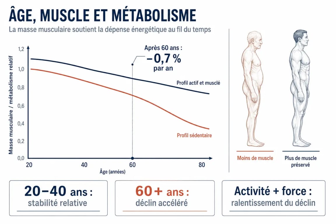 Infographie sur l'impact du métabolisme, de la perte musculaire et de l'âge sur la dépense énergétique