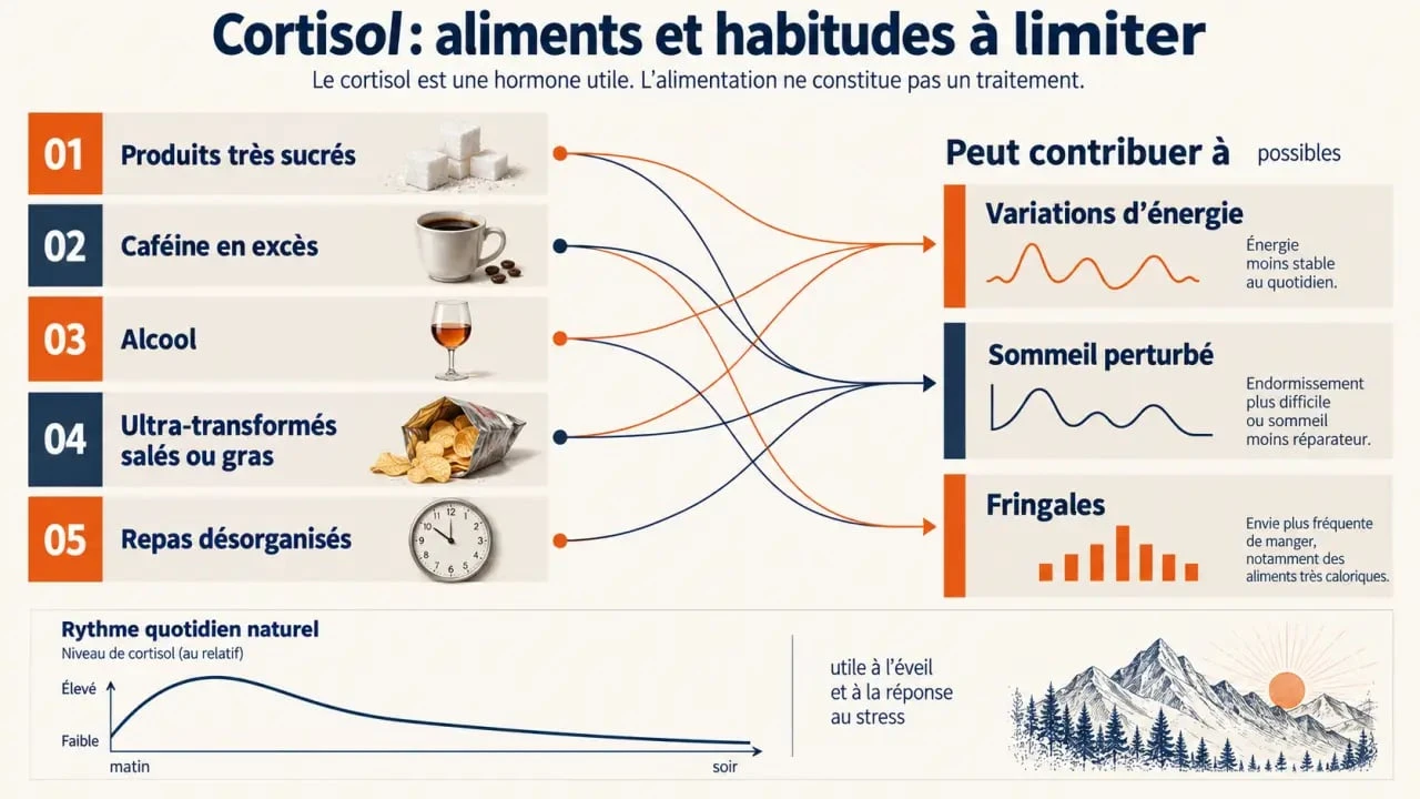 Aliments à éviter pour le cortisol et facteurs liés au stress, au sommeil et aux variations d'énergie