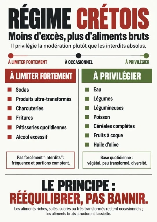 Infographie des aliments interdits ou à limiter dans le régime crétois et de leurs alternatives recommandées