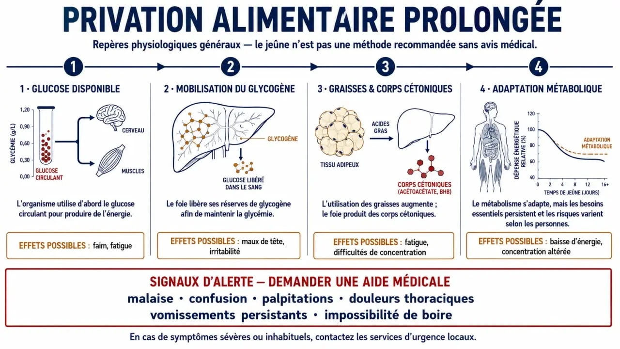 Schéma des phases du jeûne de 7 jours et des risques associés à ne pas manger pendant 7 jours