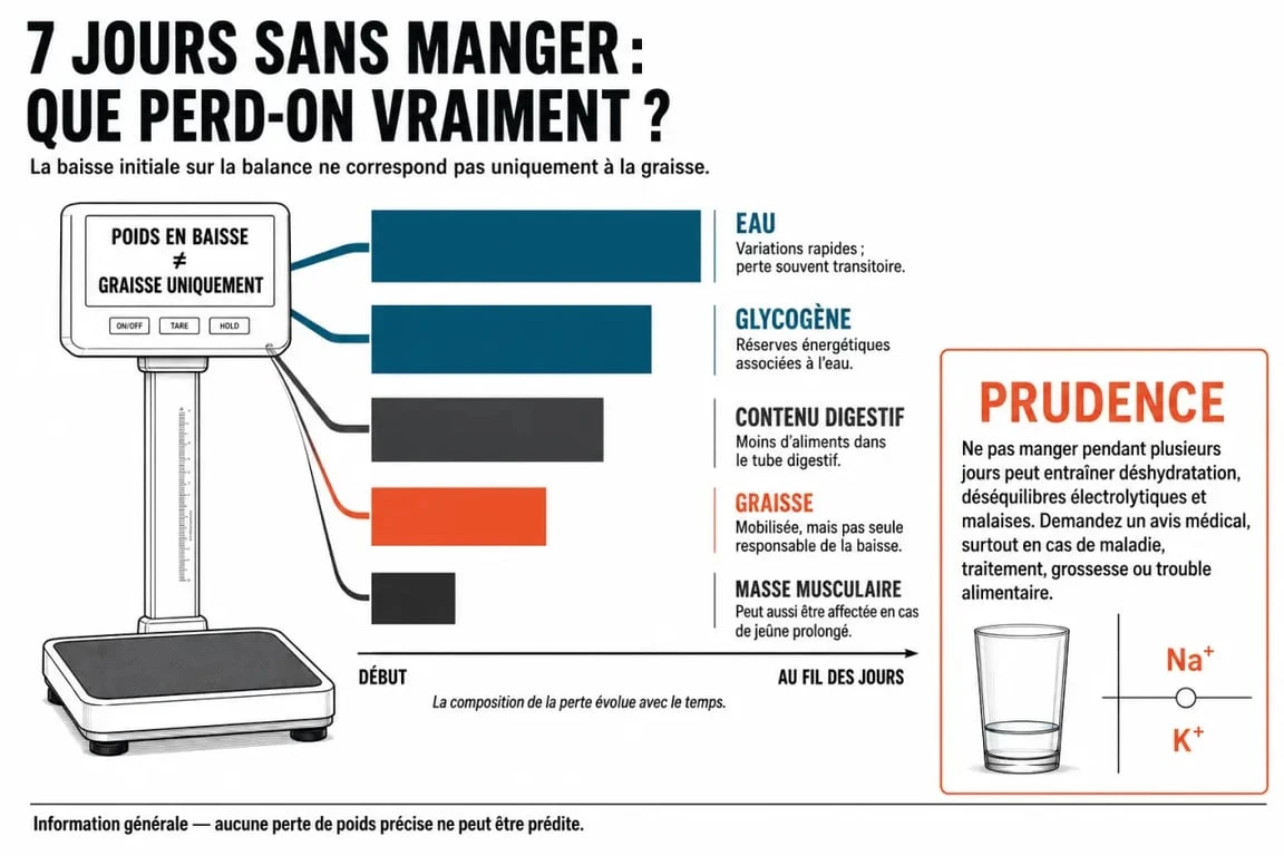 Infographie expliquant ne pas manger pendant 7 jours combien de kilos perdus et la différence entre eau, glycogène, graisse et muscle