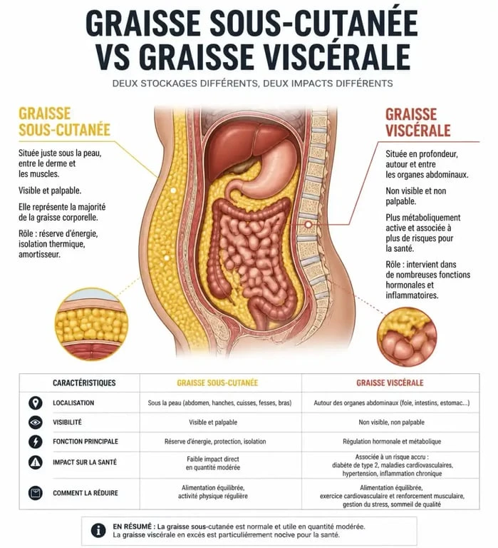 Schéma explicatif de la graisse viscérale et sous-cutanée pour comprendre l'indice de graisse viscérale