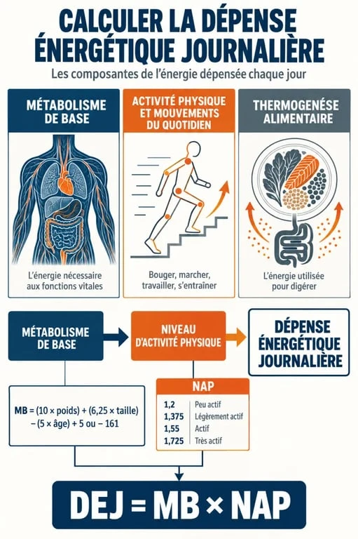 Infographie pour calculer la dépense énergétique avec le métabolisme de base et le niveau d'activité