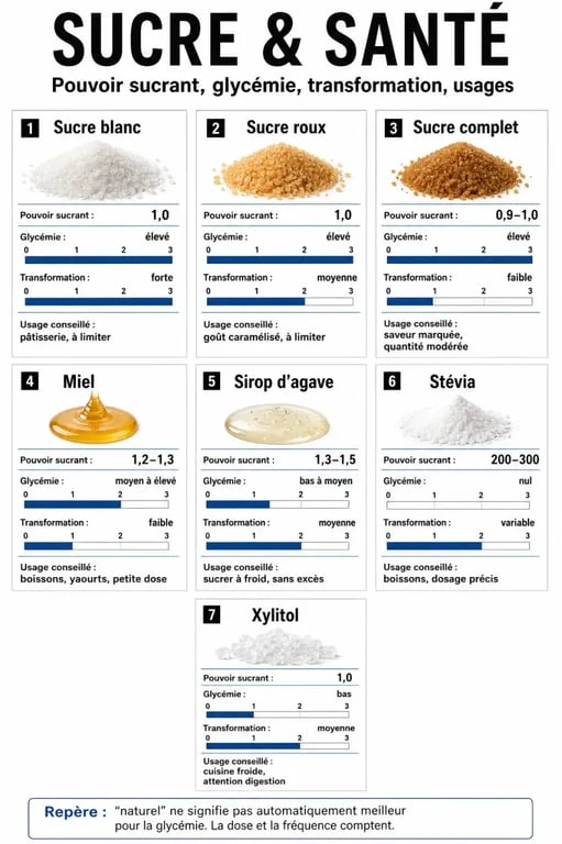 Quel est le meilleur sucre pour la santé ? Infographie comparative des sucres blanc, roux, complet, miel, sirop d’agave, stévia et xylitol