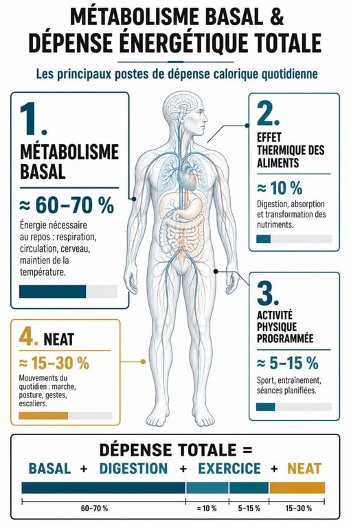 Infographie sur l'impact du métabolisme basal sur la réussite d'un régime et la dépense énergétique totale