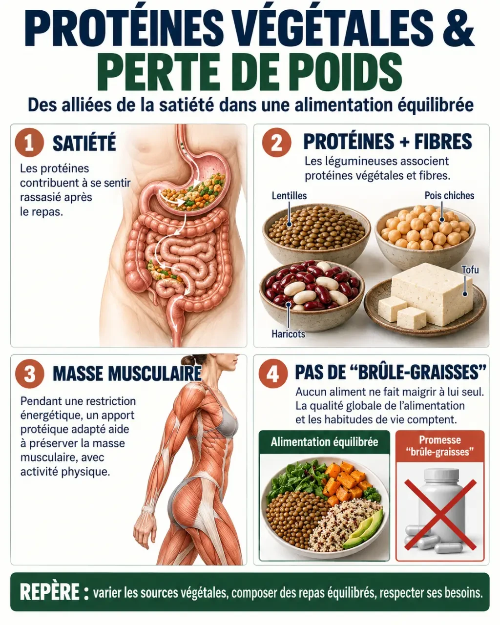 Infographie sur les protéines végétales pour maigrir, la satiété et le maintien des muscles
