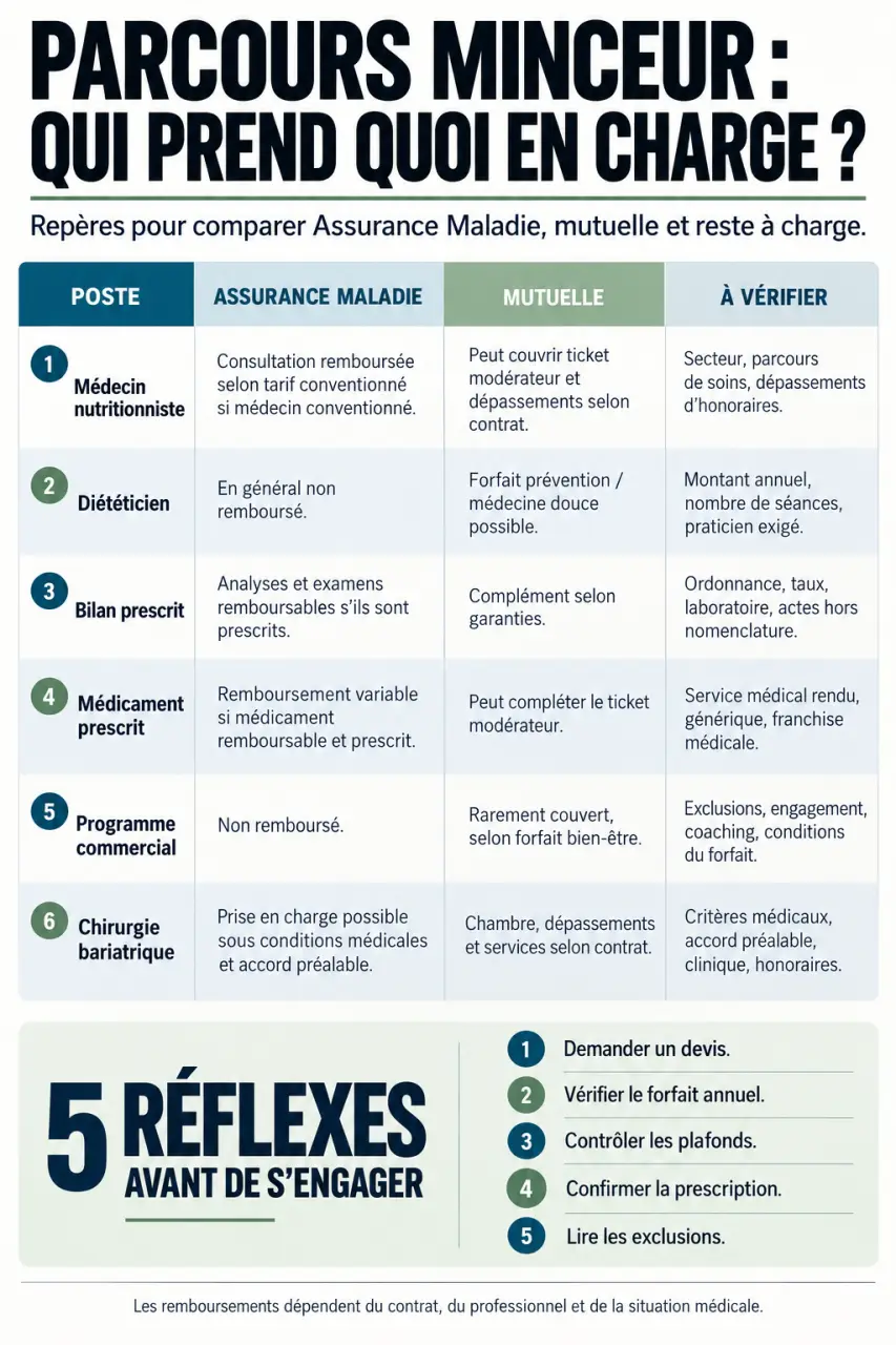 Infographie pour bien choisir sa mutuelle pour le remboursement des traitements minceur selon les soins
