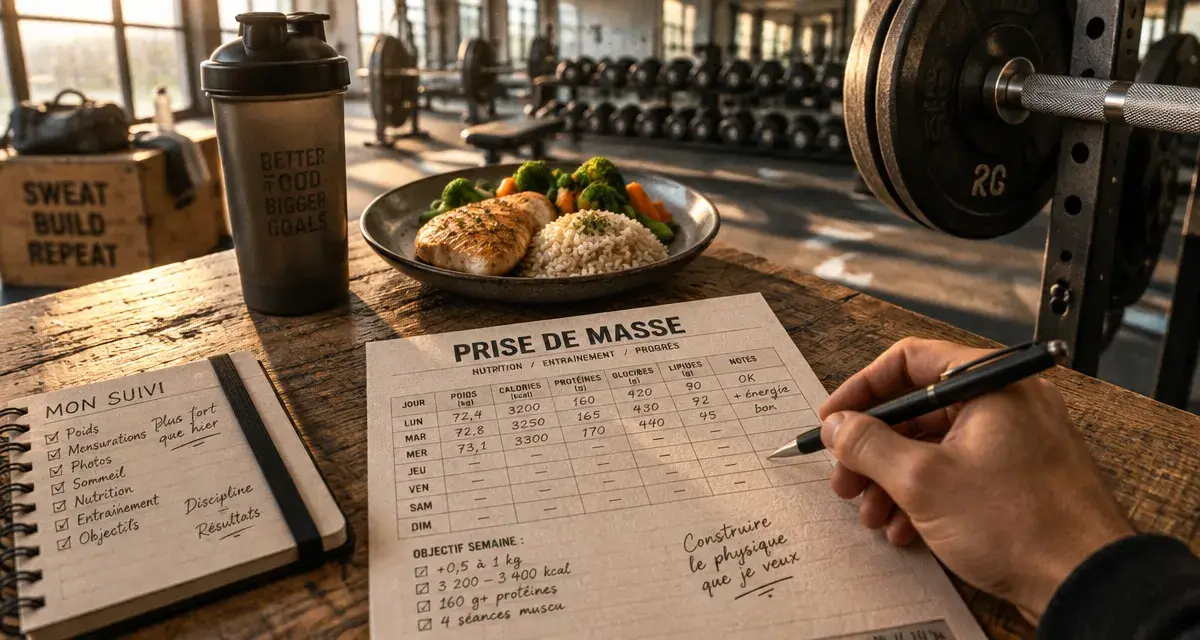 Prise rapide de masse musculaire : carnet, shaker et repas en salle de sport